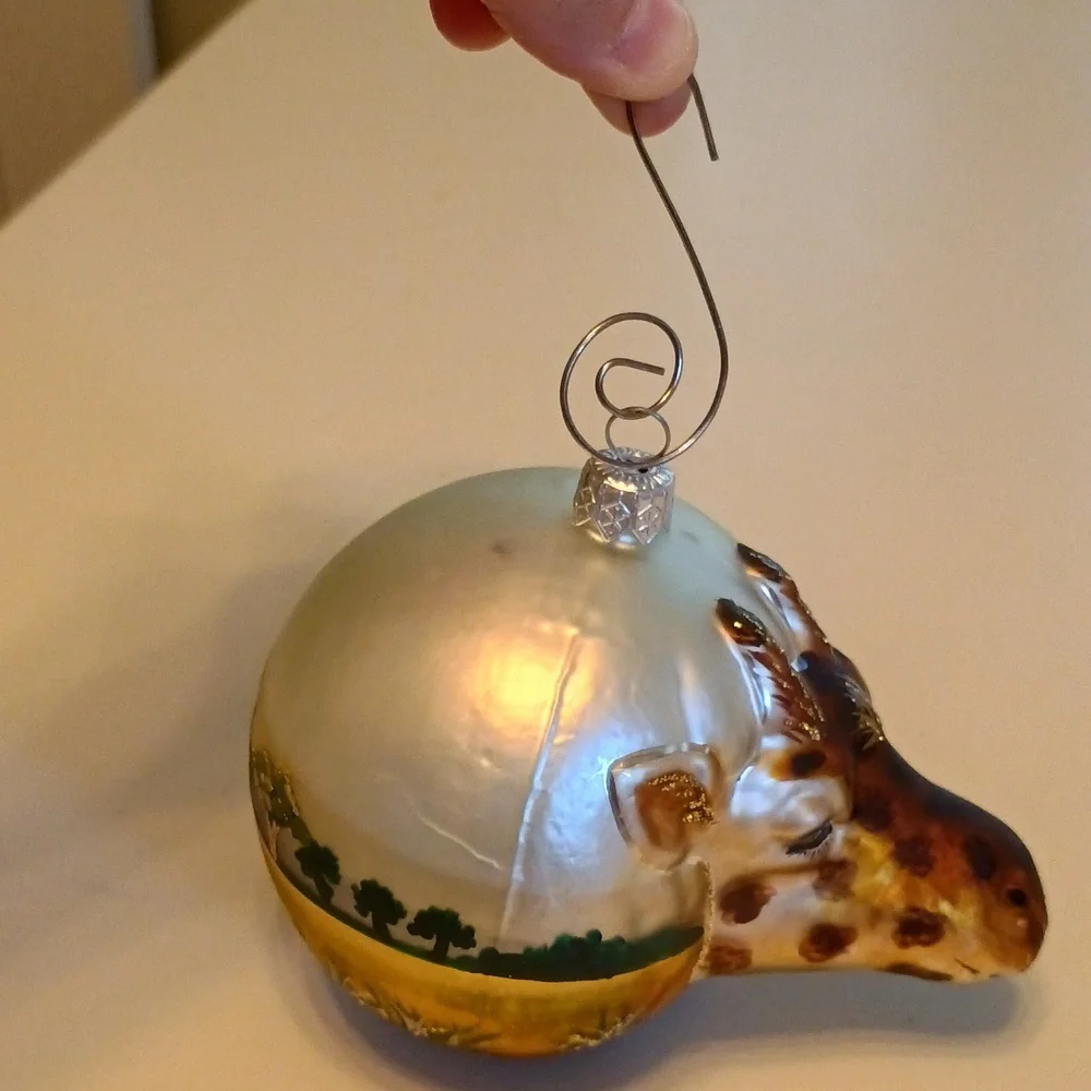 Hand Blown Glass Giraffe Head Christmas Ornament Hand Painted in Gold and Brown
